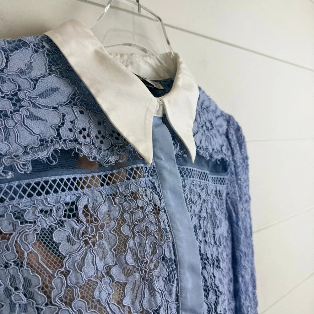 Self Portrait Blue Fine‎ Corded Lace Collared Button Up Shirt Top WOMEN 6 SHEER